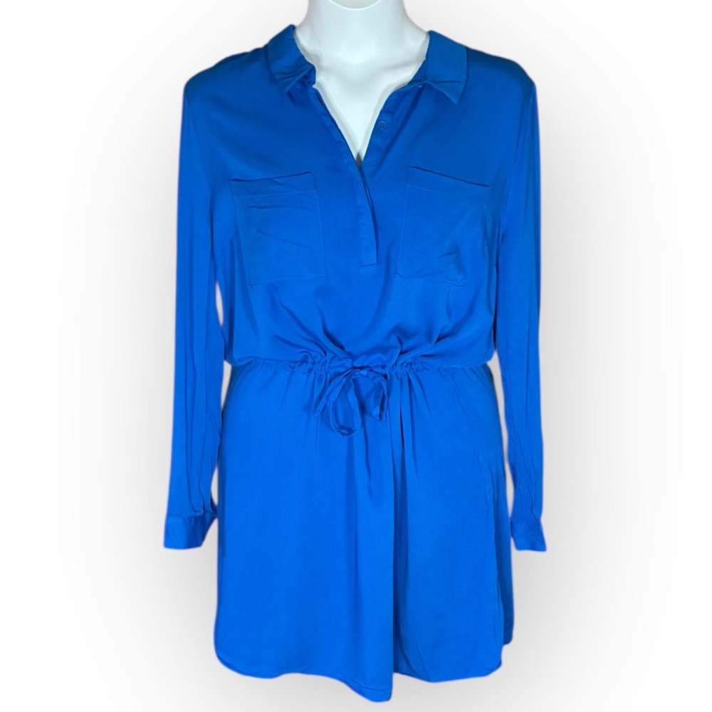 JustFab Blue Shirt Dress XL Long‎ Sleeve Drawstring Waist Pockets Collared NWOT